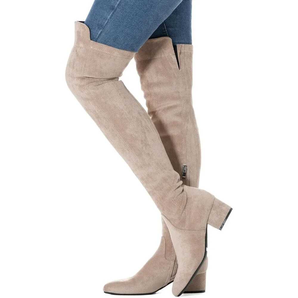 Women Beige\2 Ihch Suede Over the Knee Thigh High Chunky Block Heel Boots - Picture 7 of 9